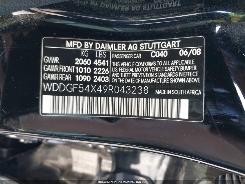 2009 Mercedes-Benz C 300 Luxury/Sport VIN: WDDGF54X49R043238 Lot: 43537981