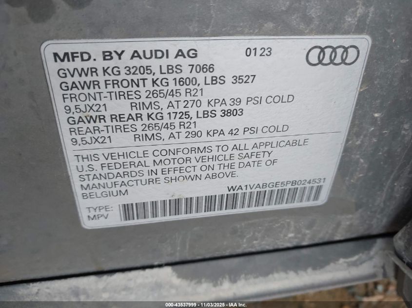 2023 Audi E-Tron Premiumwe VIN: WA1VABGE5PB024531 Lot: 43537999