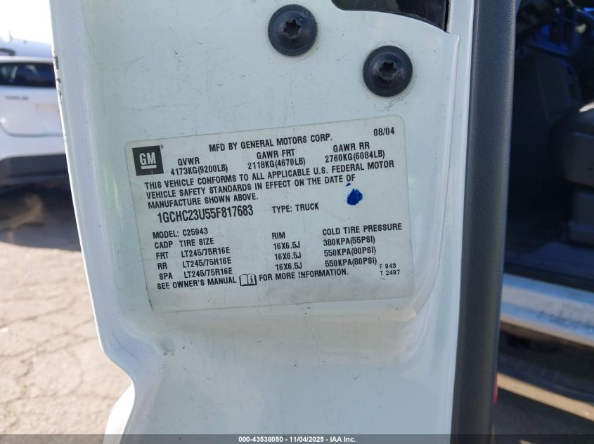 2005 Chevrolet Silverado 2500Hd Lt VIN: 1GCHC23U55F817683 Lot: 43538050