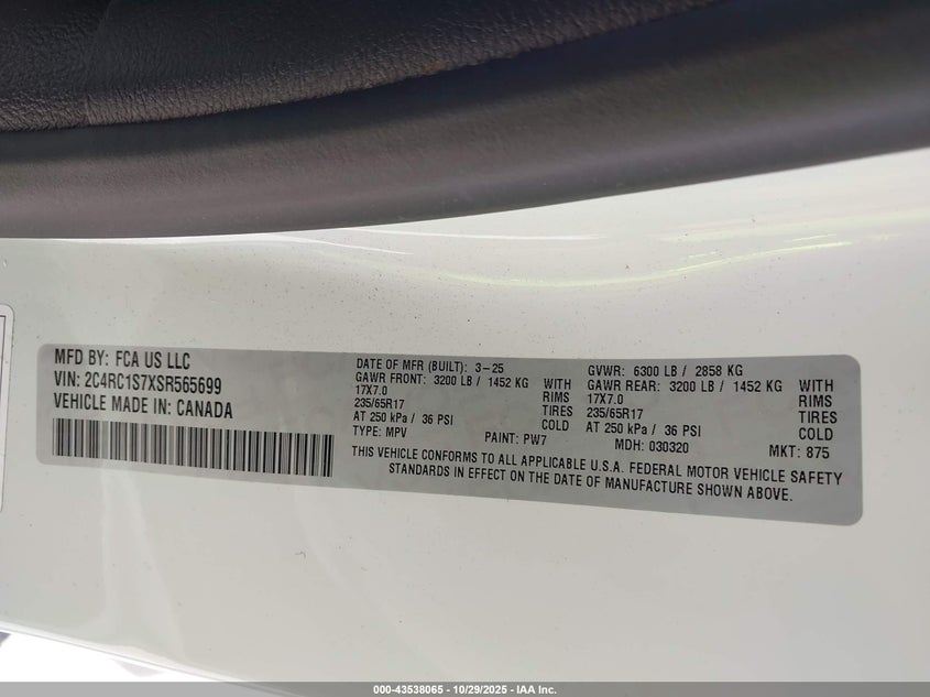 2025 Chrysler Pacifica Hybrid Select VIN: 2C4RC1S7XSR565699 Lot: 43538065