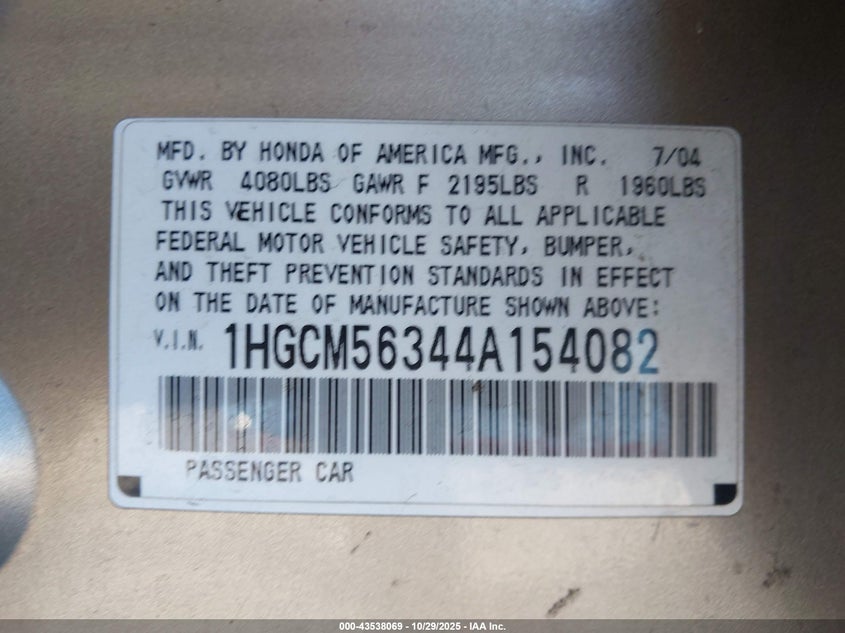 1HGCM56344A154082 2004 HONDA ACCORD photo no. 9