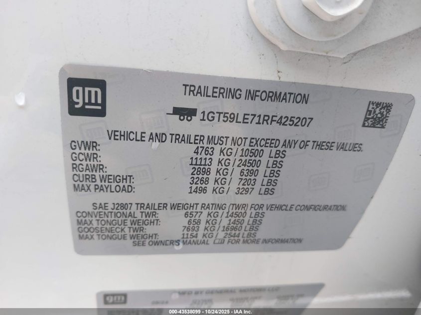 2024 GMC Sierra 2500Hd 4Wd Long Bed Pro VIN: 1GT59LE71RF425207 Lot: 43538099
