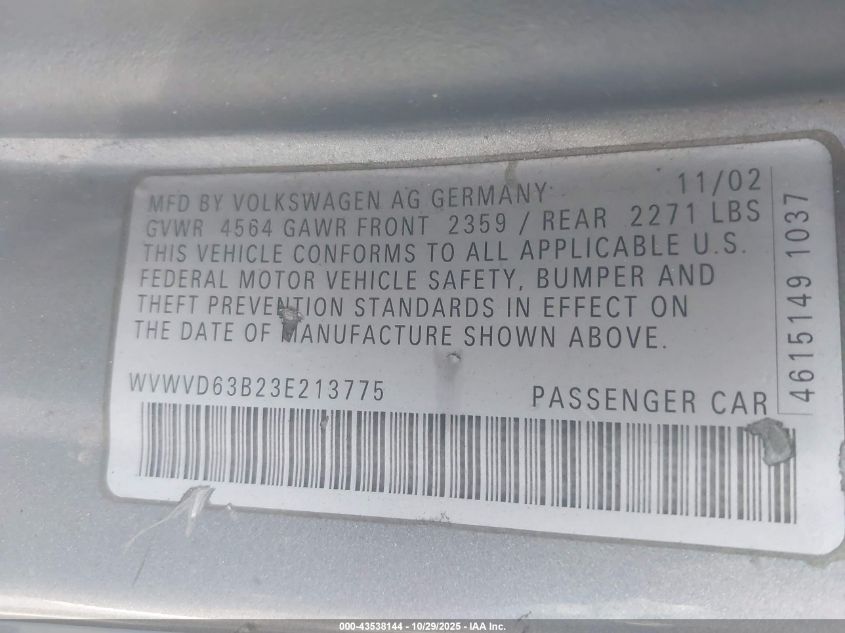 2003 Volkswagen Passat Gls VIN: WVWVD63B23E213775 Lot: 43538144