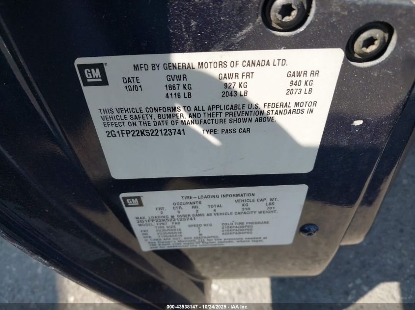 2002 Chevrolet Camaro VIN: 2G1FP22K522123741 Lot: 43538147