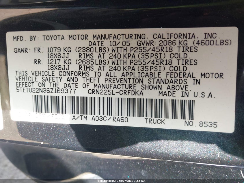5TETU22N36Z169377 2006 TOYOTA TACOMA photo no. 9