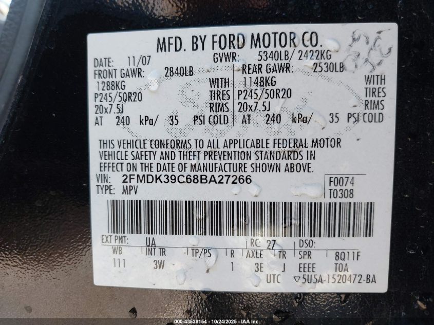 2008 Ford Edge Limited VIN: 2FMDK39C68BA27266 Lot: 43538154