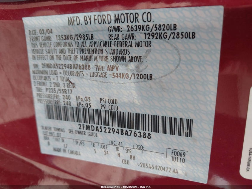 2FMDA52294BA76388 2004 FORD FREESTAR photo no. 9