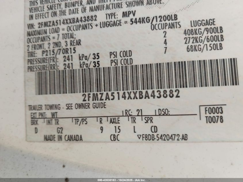 1999 Ford Windstar Lx VIN: 2FMZA514XXBA43882 Lot: 43538183