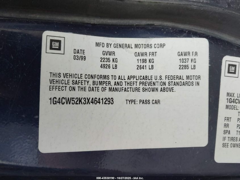 1999 Buick Park Avenue VIN: 1G4CW52K3X4641293 Lot: 43538190