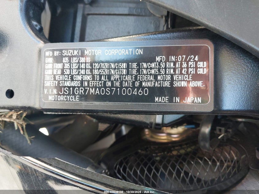 2025 Suzuki Gsx-R750 VIN: JS1GR7MA0S7100460 Lot: 43538198
