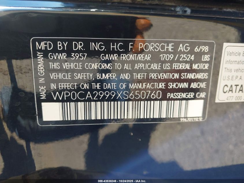 WP0CA2999XS650760 1999 PORSCHE 911 photo no. 9