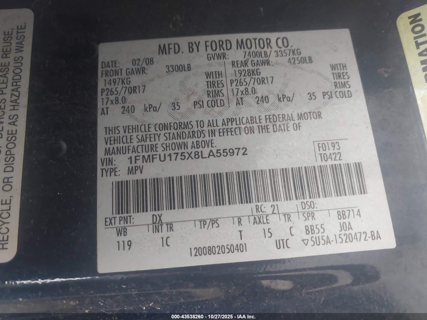 1FMFU175X8LA55972 2008 FORD EXPEDITION photo no. 9