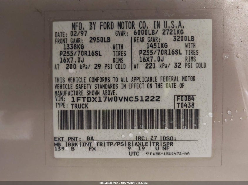 1997 Ford F-150 VIN: 1FTDX17W0VNC51222 Lot: 43538267
