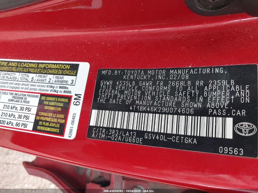 2009 Toyota Camry Xle V6 VIN: 4T1BK46K29U074606 Lot: 43538282