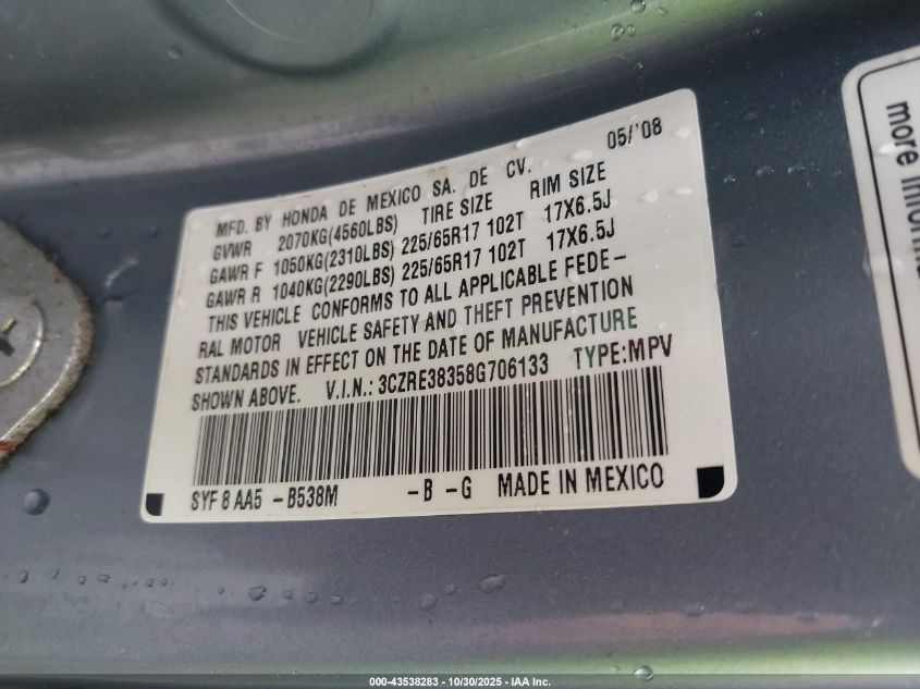 2008 Honda Cr-V Lx VIN: 3CZRE38358G706133 Lot: 43538283