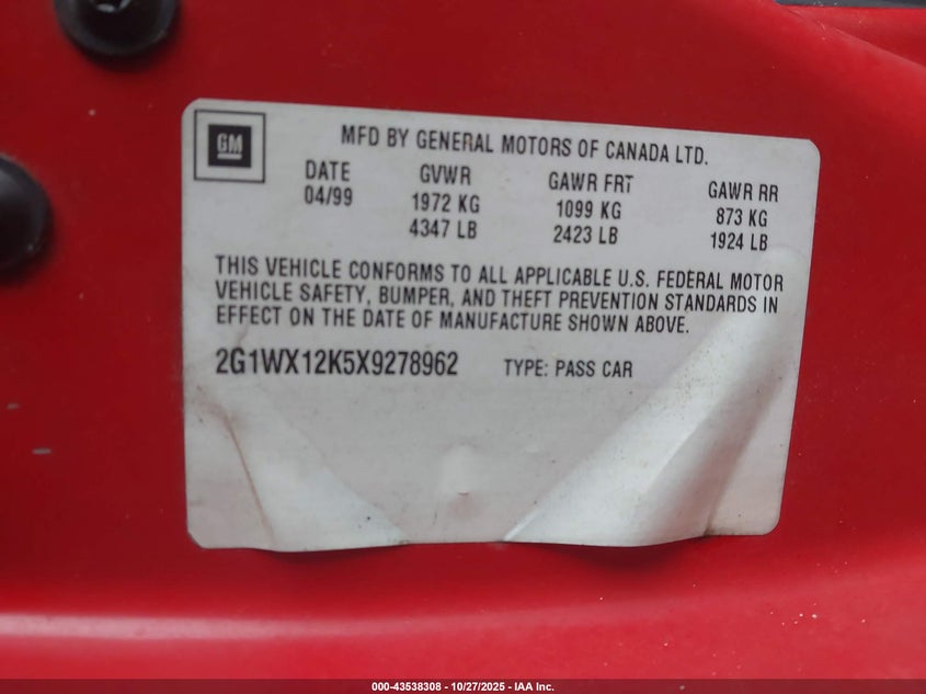 1999 Chevrolet Monte Carlo Z34 VIN: 2G1WX12K5X9278962 Lot: 43538308