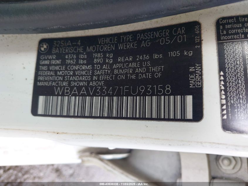 2001 BMW 325I VIN: WBAAV33471FU93158 Lot: 43538338