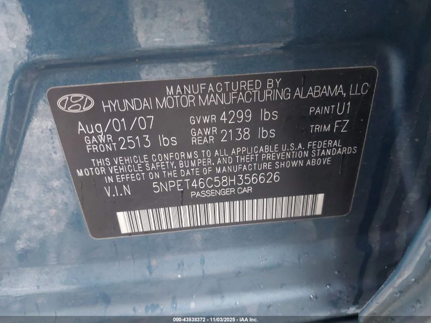2008 Hyundai Sonata Gls VIN: 5NPET46C58H356626 Lot: 43538372