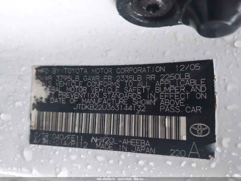 2006 Toyota Prius VIN: JTDKB22U363144132 Lot: 43538375