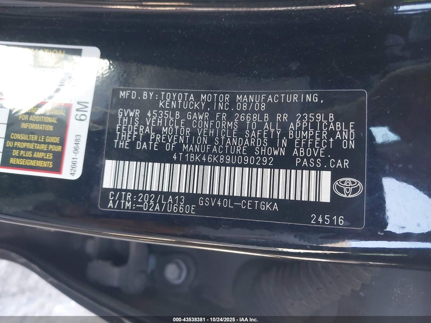 4T1BK46K89U090292 2009 TOYOTA CAMRY photo no. 9