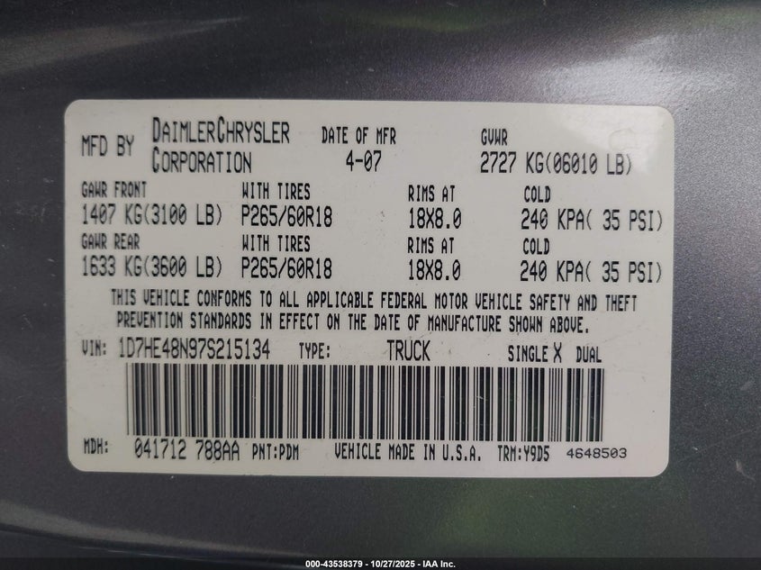 2007 Dodge Dakota Slt VIN: 1D7HE48N97S215134 Lot: 43538379
