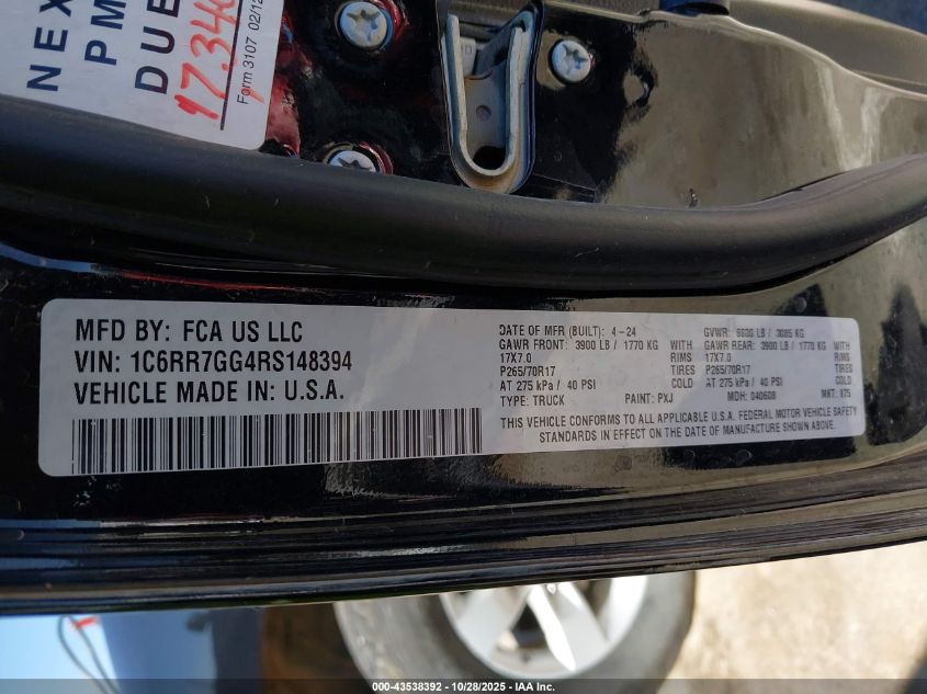 2024 Ram 1500 Classic Slt 4X4 6'4 Box VIN: 1C6RR7GG4RS148394 Lot: 43538392