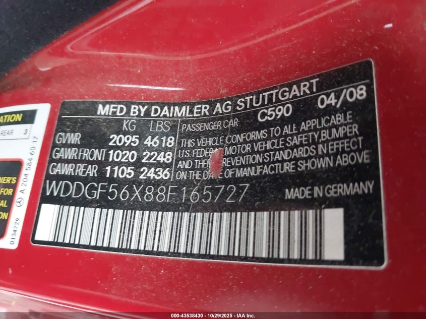 2008 Mercedes-Benz C 350 Sport VIN: WDDGF56X88F165727 Lot: 43538430