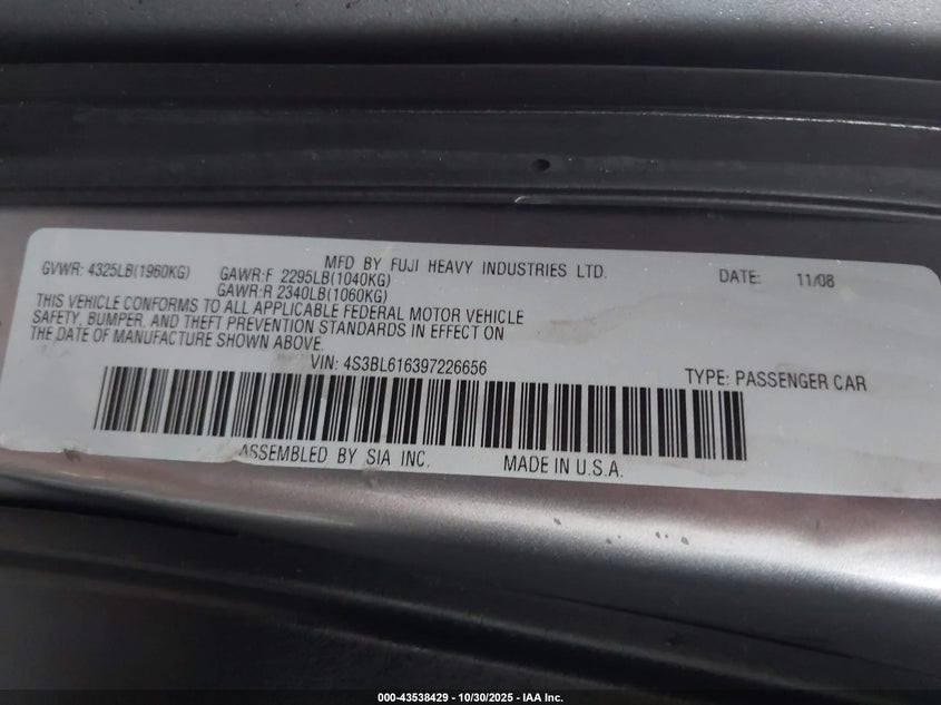 2009 Subaru Legacy 2.5I VIN: 4S3BL616397226656 Lot: 43538429