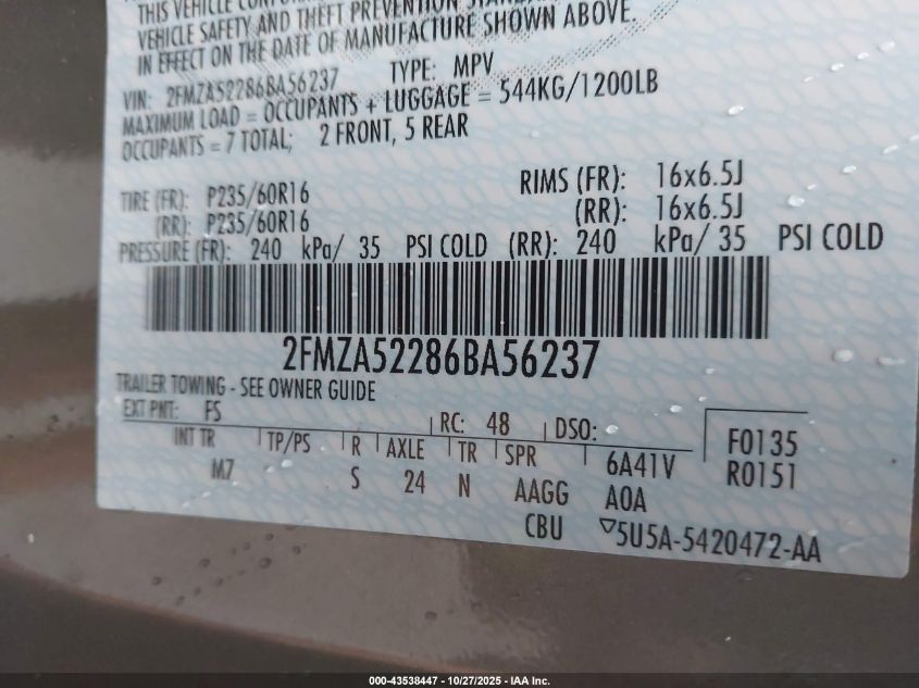 2006 Ford Freestar Sel VIN: 2FMZA52286BA56237 Lot: 43538447