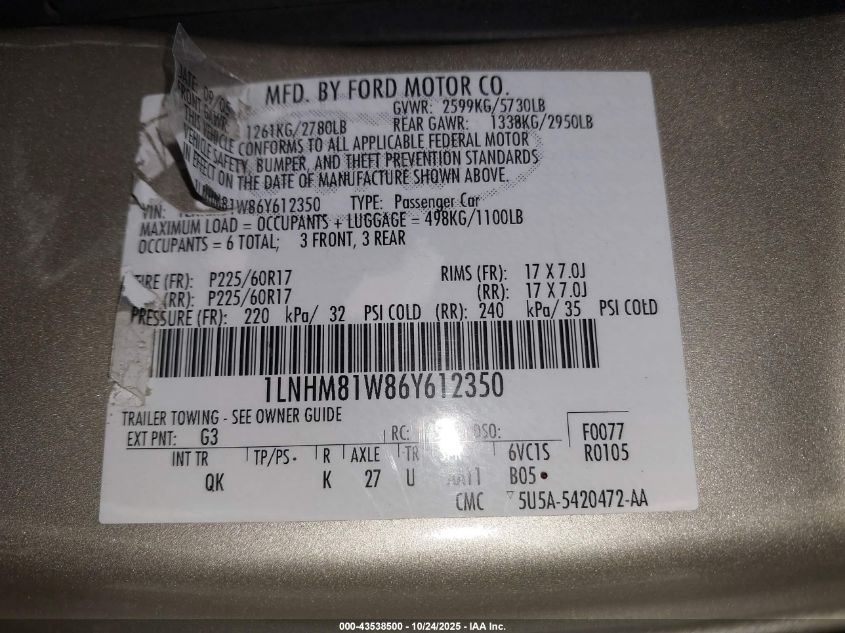 2006 Lincoln Town Car Signature VIN: 1LNHM81W86Y612350 Lot: 43538500