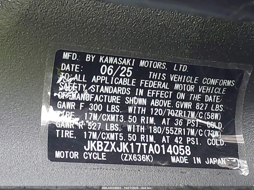 2026 Kawasaki Zx636 K VIN: JKBZXJK17TA014058 Lot: 43538503