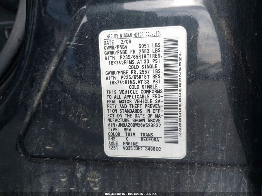 2006 Nissan Murano Sl VIN: JN8AZ08W26W528832 Lot: 43538515