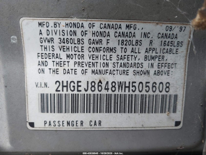 1998 Honda Civic Ex VIN: 2HGEJ8648WH505608 Lot: 43538545
