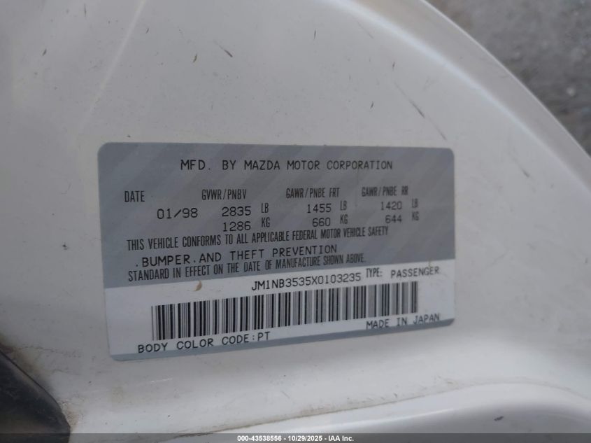 1999 Mazda Mx-5 Miata Leather Pkg/Popular Equipment Pkg/Sports Pkg/Touring Pkg VIN: JM1NB3535X0103235 Lot: 43538556