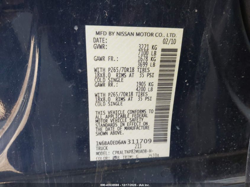 2010 Nissan Titan Se VIN: 1N6BA0ED6AN311709 Lot: 43538566