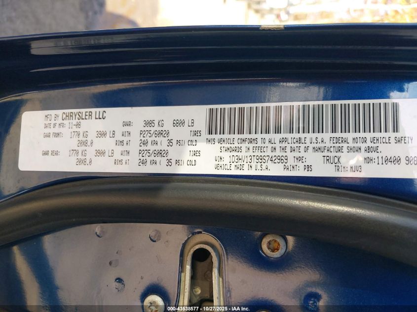 2009 Dodge Ram 1500 Slt/Sport/Trx VIN: 1D3HV13T99S742969 Lot: 43538577