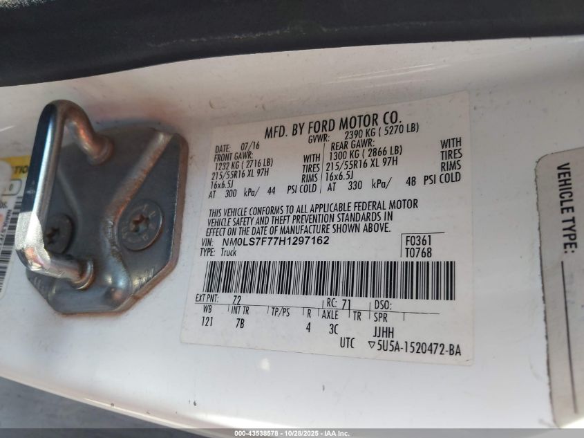 2017 Ford Transit Connect Xlt VIN: NM0LS7F77H1297162 Lot: 43538578