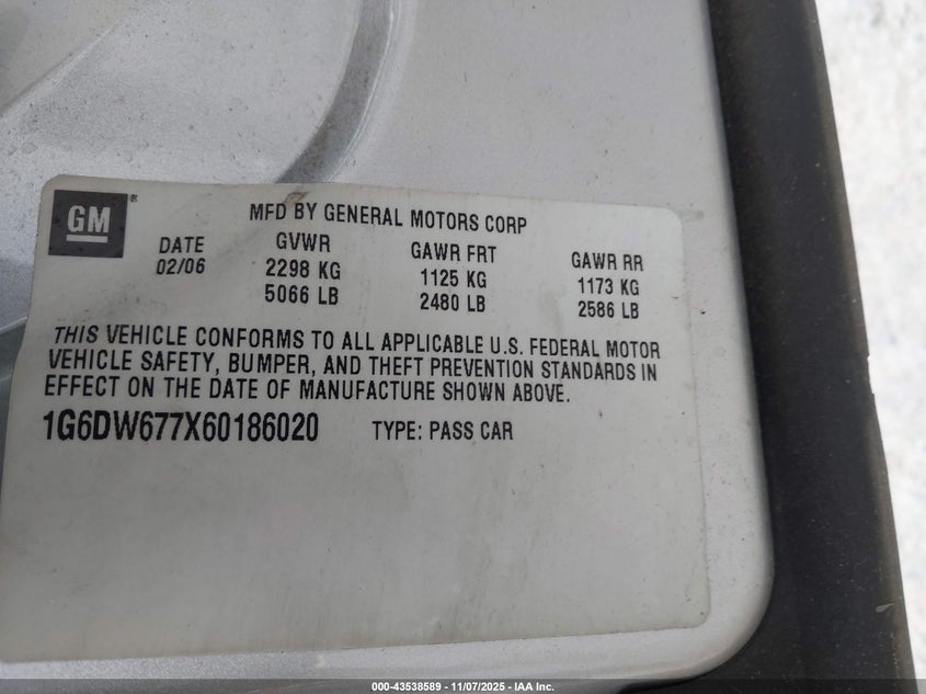 2006 Cadillac Sts V6 VIN: 1G6DW677X60186020 Lot: 43538589