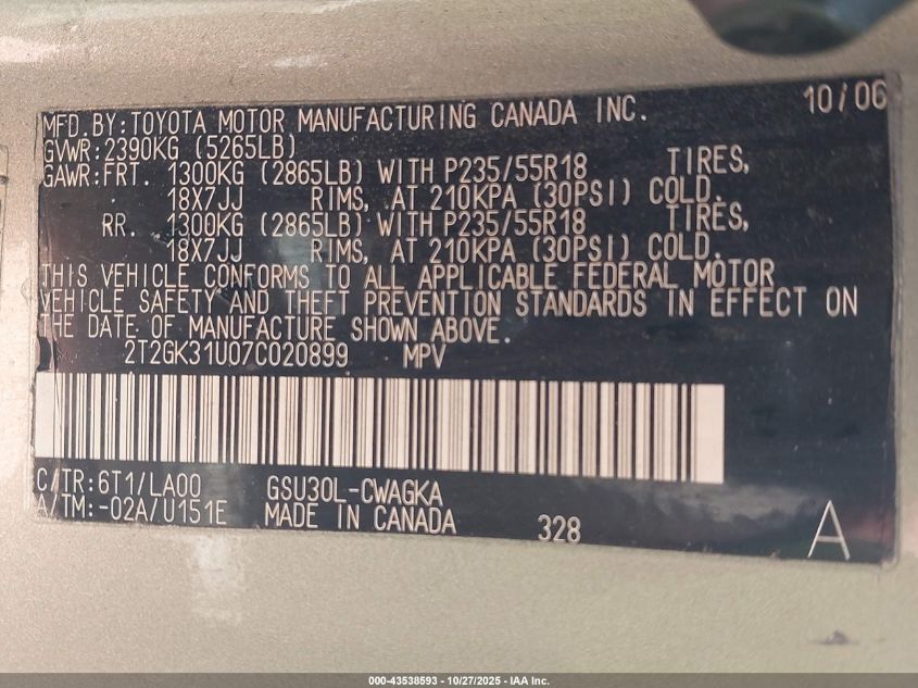 2007 Lexus Rx 350 VIN: 2T2GK31U07C020899 Lot: 43538593