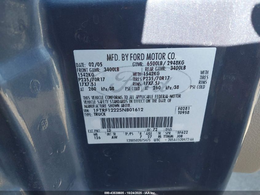 2005 Ford F-150 Stx/Xl/Xlt VIN: 1FTRF12225NB01612 Lot: 43538605