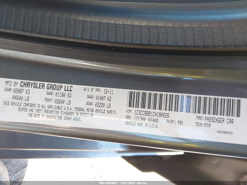 2012 Chrysler 200 Touring VIN: 1C3CCBBB1CN180826 Lot: 43538607