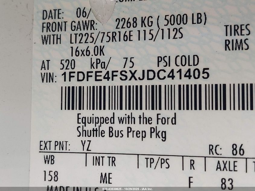 2018 Ford E-450 Cutaway VIN: 1FDFE4FSXJDC41405 Lot: 43538625