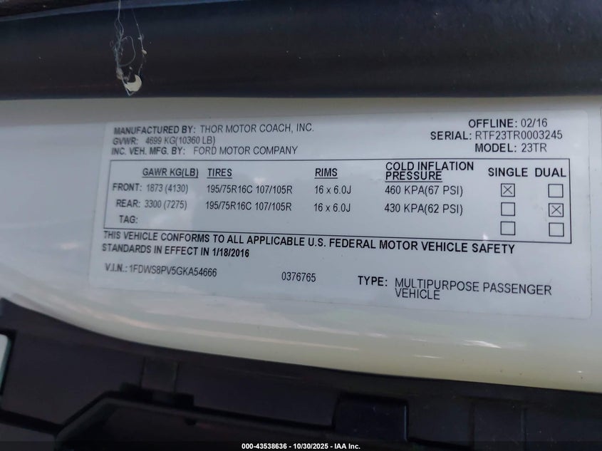 2016 Ford Transit-350 Cutaway VIN: 1FDWS8PV5GKA54666 Lot: 43538636