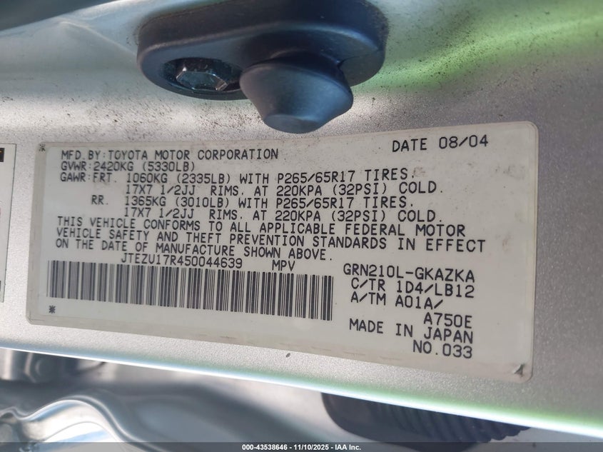 JTEZU17R450044639 2005 TOYOTA 4RUNNER photo no. 9
