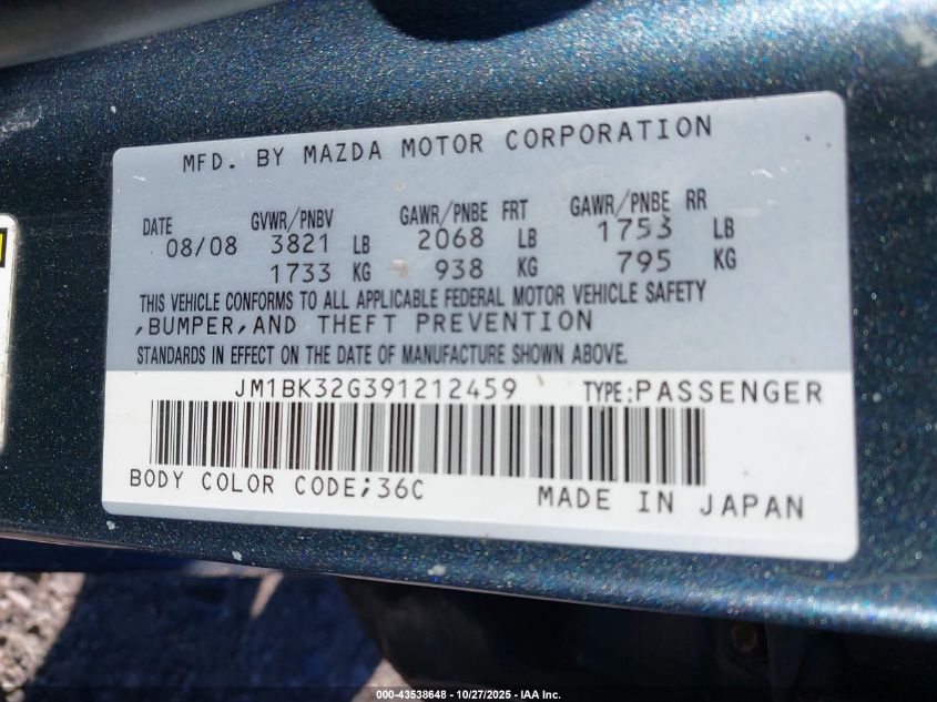 2009 Mazda Mazda3 I VIN: JM1BK32G391212459 Lot: 43538648