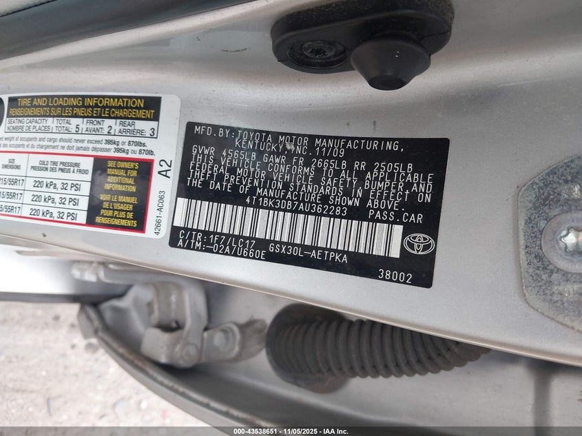 2010 Toyota Avalon Limited VIN: 4T1BK3DB7AU362283 Lot: 43538651