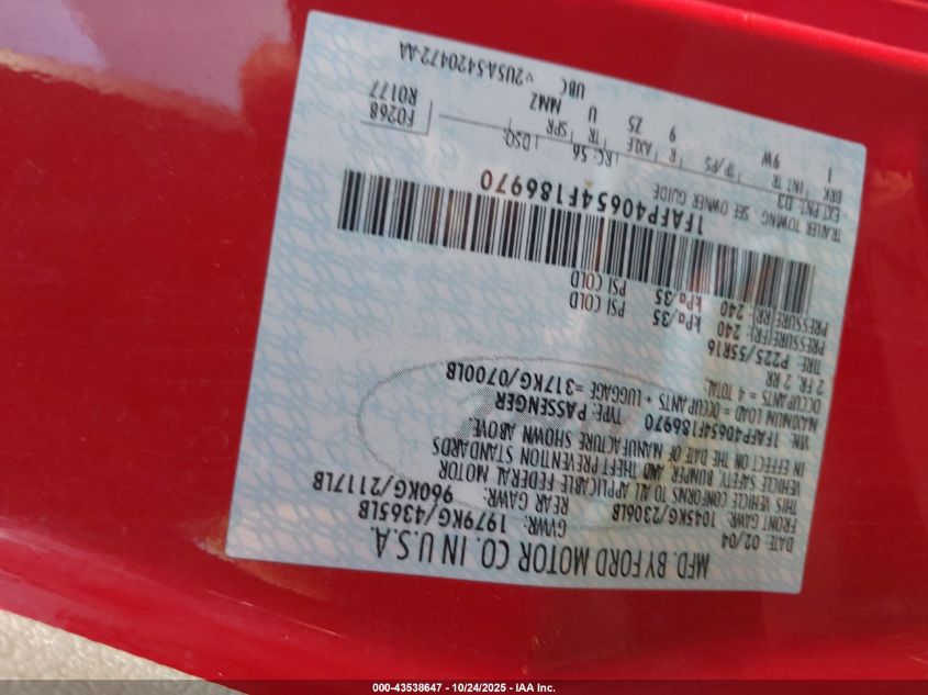 2004 Ford Mustang VIN: 1FAFP40654F186970 Lot: 43538647