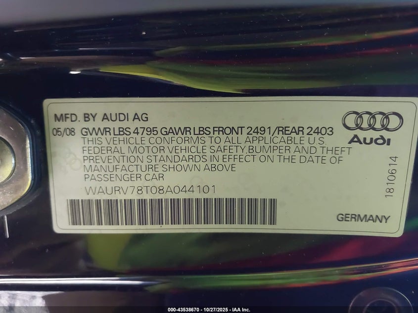2008 Audi S5 4.2L VIN: WAURV78T08A044101 Lot: 43538670