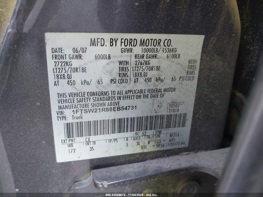 1FTSW21R88EB54731 2008 FORD F250 photo no. 9