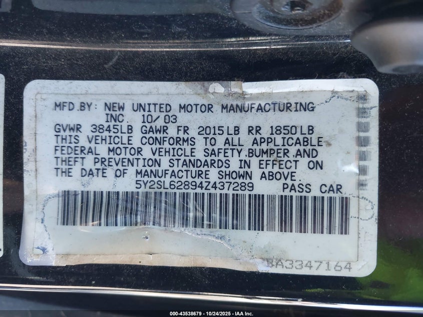 2004 Pontiac Vibe VIN: 5Y2SL62894Z437289 Lot: 43538679